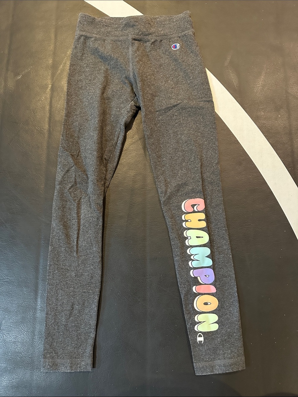 Champion Gray Leggings with Rainbow Bubble Script